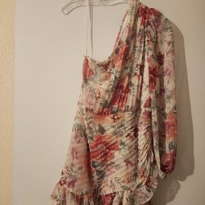 Express One-Shoulder Floral Dress - Pink and Cream